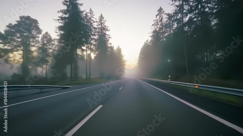 Scenic Road Trip - Driving Through a Forest at Sunrise.
