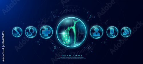 Science medical banner dark blue. Gallbladder organ hologram in transparent spherical dome along with the icons of a doctor plus sign and syringe. Vector EPS10.