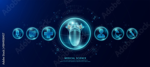 Science medical banner dark blue. Tongue organ hologram in transparent spherical dome along with the icons of a doctor plus sign and syringe. Vector EPS10.