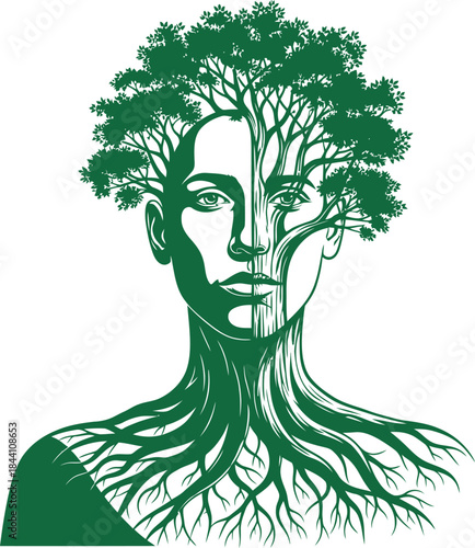 Surreal green tree humanoid form with roots and lush foliage emerging from head and shoulders conceptual nature metamorphosis isolated on white background