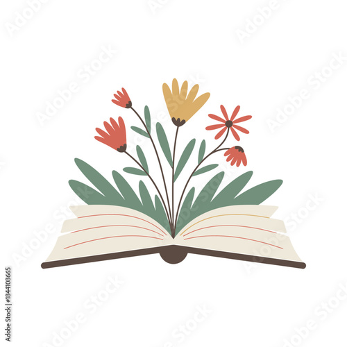 An open book blooming with colorful wildflowers and vibrant greenery