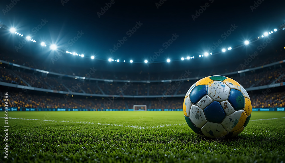 Obraz premium Night Football Match Ball On Grass In Illuminated Stadium