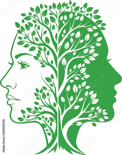 Symbolic fusion of human faces and a lush green tree representing growth nature and inner harmony isolated on white background