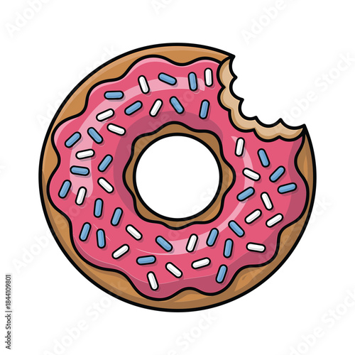 A colorful cartoon illustration of a partially eaten pink frosted donut