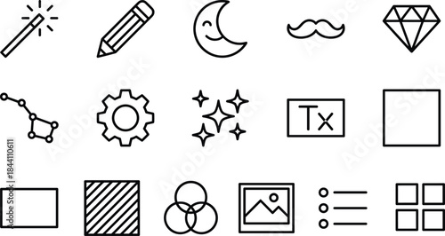 Graphic design icon set, UI symbols, magic wand, gear, moon, diamond, constellation, text, frame, sparkle, outline style