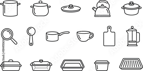 Kitchen utensil icon set, cookware symbols, pot, pan, kettle, baking dish, measuring spoon, cutting board, outline style