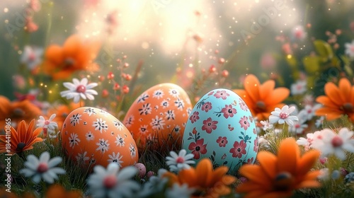 Three decorated Easter eggs with floral patterns nestled among vibrant orange and white flowers in a glowing garden setting