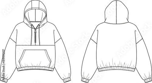 Hooded sweatshirt fashion sketch, front and back view technical illustration, drawstring hoodieHooded sweatshirt fashion sketch, front and back view technical illustration, drawstring hoodie