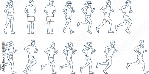 Athlete running pose vector set featuring men and women joggers in dynamic movement for fitness, sports, training and animation designs