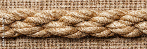 Close up detail of thick brown rope with braided texture. This natural fiber cord on rustic burlap background evokes feeling of strength and security