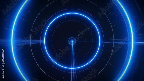 Abstract Blue Glowing Circle with Lines on Black Background.