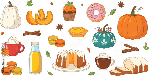 Autumn themed collection featuring pumpkins, seasonal desserts, spices, drinks, and fall food illustrations for festive cooking and harvest designs