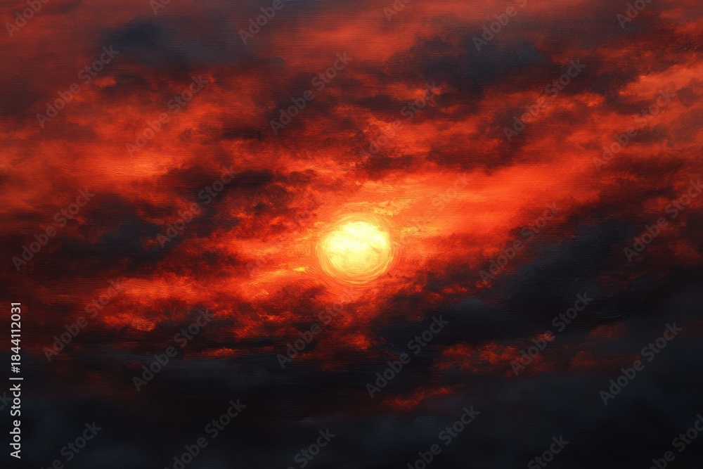Obraz premium intense fiery sun glowing through dark dramatic red and orange clouds at sunset or sunrise