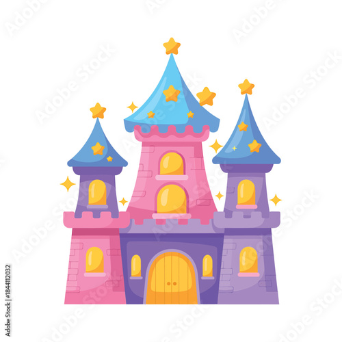 Charming fairytale castle illustration with pink walls and blue turrets