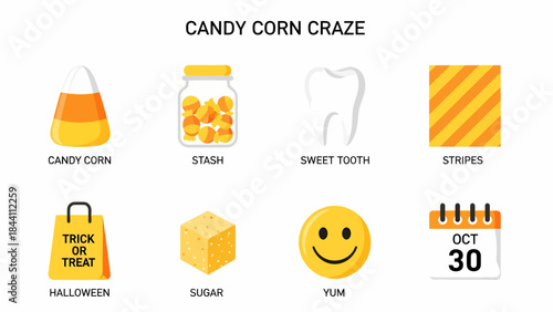 Eight icons related to candy corn including a piece of candy jar tooth and calendar