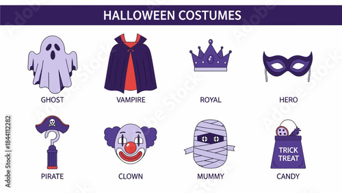 Eight purple and light purple illustrations of Halloween costumes and candy