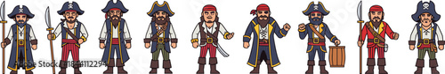 Cartoon pirate character vector set featuring sailors, captains, weapons, pirate outfits and adventure-themed designs for games and illustrations
