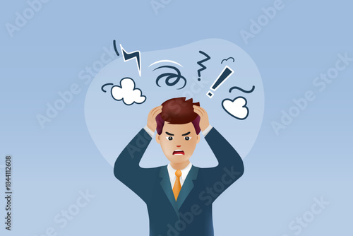 Angry frustrated businessman holding his head with intense expression and doodle furious sign. Vector.