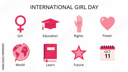 International Girl Day graphic with icons for Girl Education Rights Power World Learn Future and date