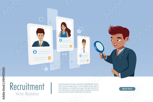 Recruiter using magnifying glass reviewing candidate profiles through virtual screen. Human resources management, recruitment and employee evaluation. Vector. 
