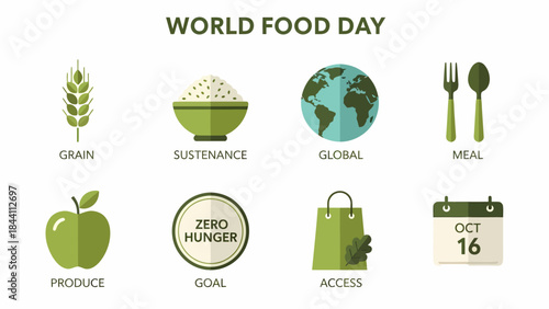 World Food Day icons grain rice bowl globe cutlery apple goal badge bag and calendar