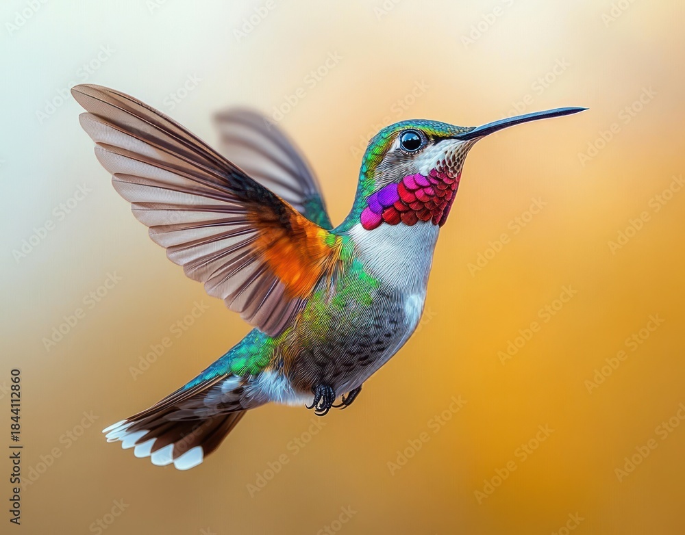 Obraz premium Close-up of a colorful hummingbird in mid-flight with vibrant feathers and detailed wings against a soft gradient background