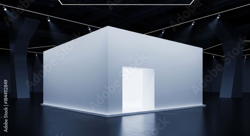 Futuristic illuminated cube pavilion in dark exhibition hall.