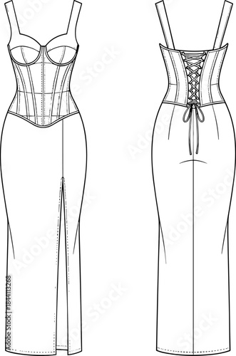 Full-length fitted dress fashion sketch, corset bodice with structured cups and front slit,Full-length fitted dress fashion sketch, corset bodice with structured cups and front slit,
