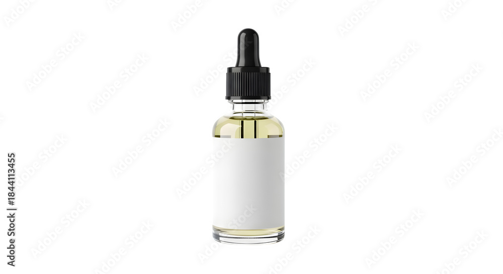 Naklejka premium Elegant cosmetic dropper bottle with clear liquid pristine white label and sleek black accents isolated on transparent background