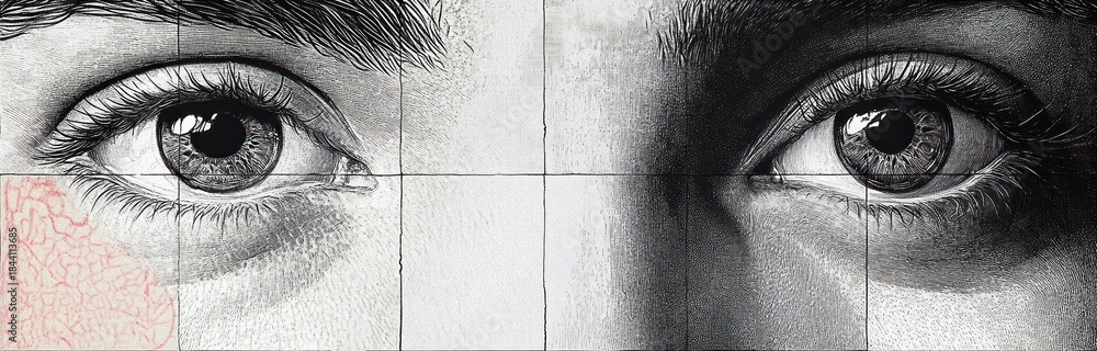 Obraz premium Close-up grayscale mural of two human eyes with detailed eyelashes and skin texture divided by faint lines on a tiled surface evoking introspection