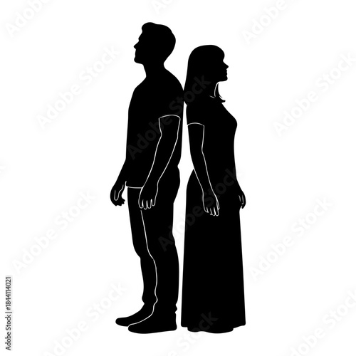 Couple standing back to back silhouette Vector
