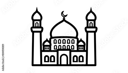 Sacred Structure: A detailed illustration of a mosque, showcasing its distinctive dome, minarets, and crescent moon, symbolizing peace and faith.