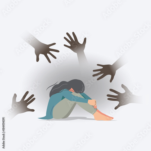 A flat vector illustration of a depressed woman sitting on the floor while shadowy hands reach toward her, symbolizing anxiety, pressure, fear, and mental health struggles