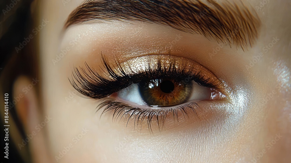 Obraz premium Close-up of a human eye with brown iris, long eyelashes, well-groomed eyebrow, and shimmery golden eyeshadow conveying beauty and elegance