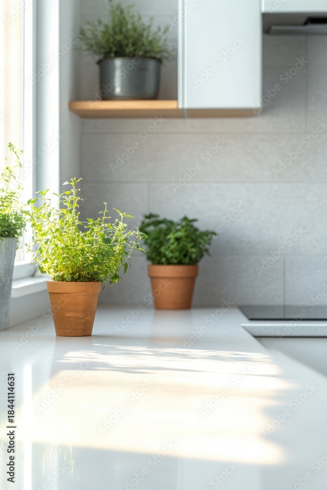 Fototapeta premium Bright kitchen counter with sunlight and green potted herbs next to window and modern white cabinets