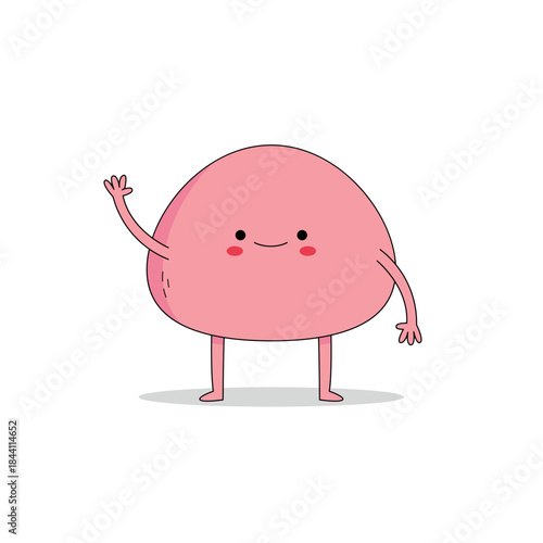 Cute pink mochi cartoon character waving hand hi doodle