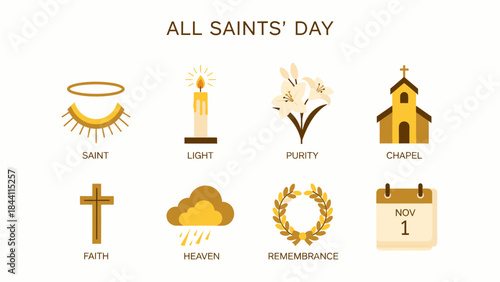 All Saints Day icons saint candle lilies chapel cross rain cloud wreath calendar date November 1