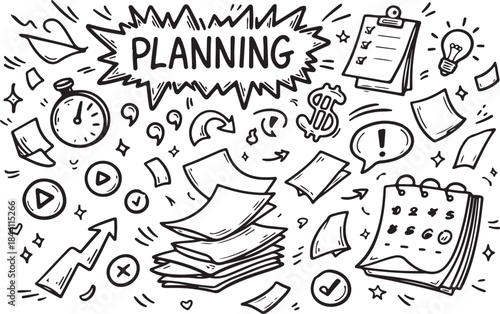 Doodle office seamless patter. Business hand drawn sketch background. Vector illustration line art black and white vector set