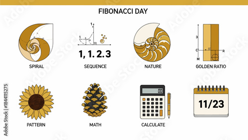 An infographic illustrating concepts related to Fibonacci Day with eight icons