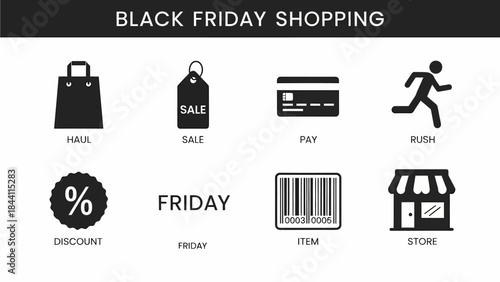 Black Friday shopping icons arranged in two rows with descriptive labels