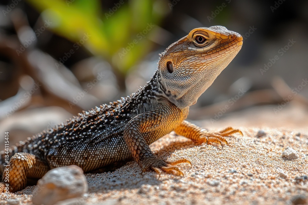 Obraz premium Close-up of a small lizard with textured skin resting on sandy ground with blurred natural background