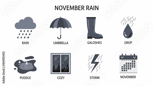 Eight icons related to November rain rain cloud umbrella galoshes drop puddle window storm and calendar