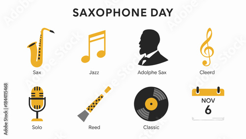 Eight icons related to the saxophone and music are arranged in two rows under the title SAXOPHONE DAY