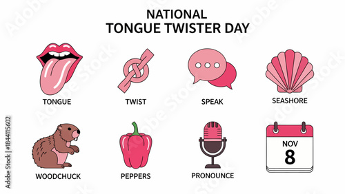Graphic illustrating eight elements related to National Tongue Twister Day on November 8th
