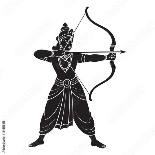 Black silhouette of Lord Rama drawing a bow and arrow Ram ji elements 