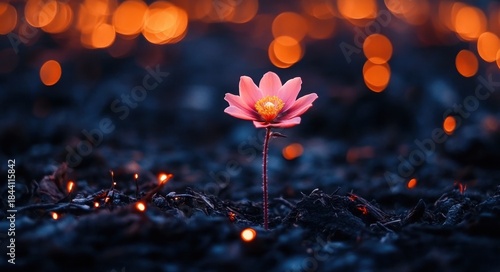 Single pink flower blooming brightly amidst dark, burnt ground with glowing embers and warm orange bokeh lights in the background, symbolizing hope and resilience