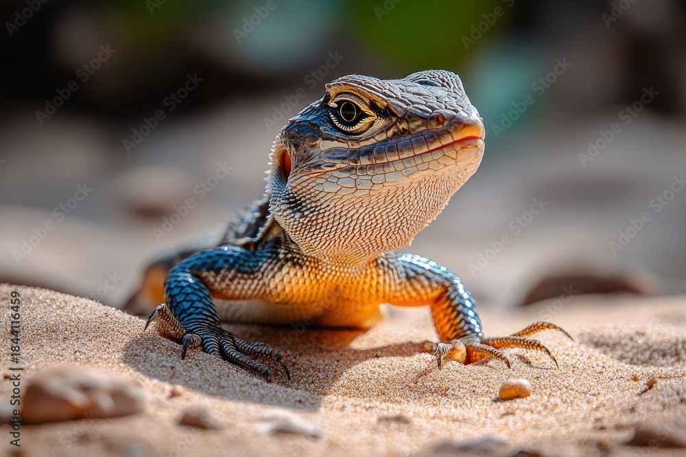 Obraz premium Close-up of a small lizard resting on sandy ground with sharp claws, detailed textured skin, and alert expression under natural light