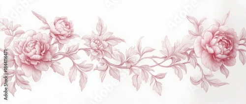 delicate pink floral illustration featuring blooming flowers and leafy vines on a white background evoking elegance and calmness