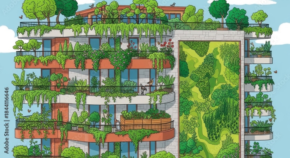 Fototapeta premium A vibrant, green, urban jungle with a mix of greenery and architectural structures, featuring balconies, trees, and a mix of green and brown tones.