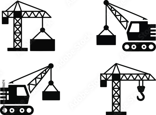 Construction crane and heavy machinery line icon set. Building site equipment, industrial lifting, and engineering vector symbols.